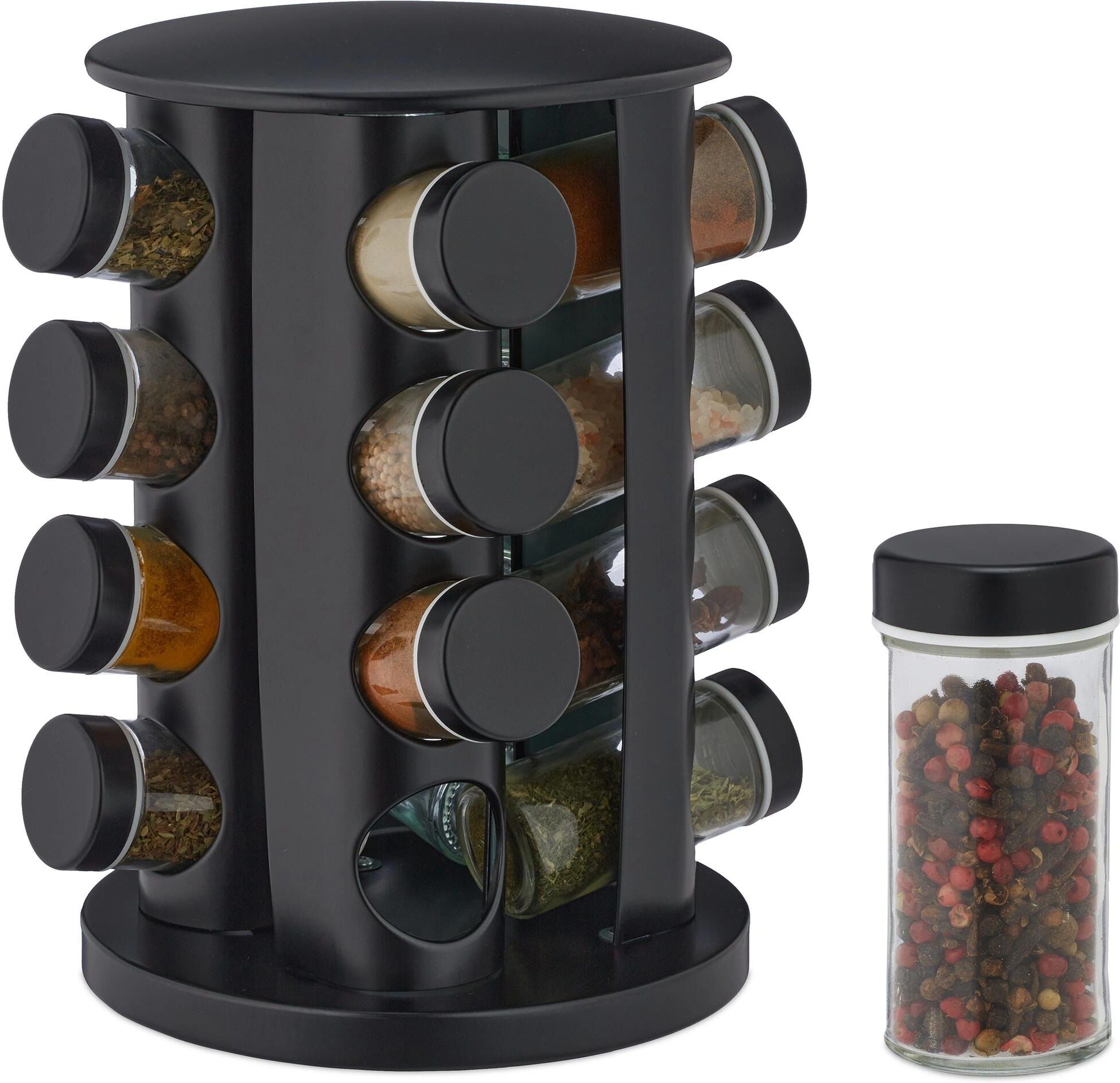 Gewürzregal RELAXDAYS "16er Set", schwarz (schwarz, transparent), Edelstahl, Glas, Regale, Gewürzregal schwarz, transparent Einheitsgröße