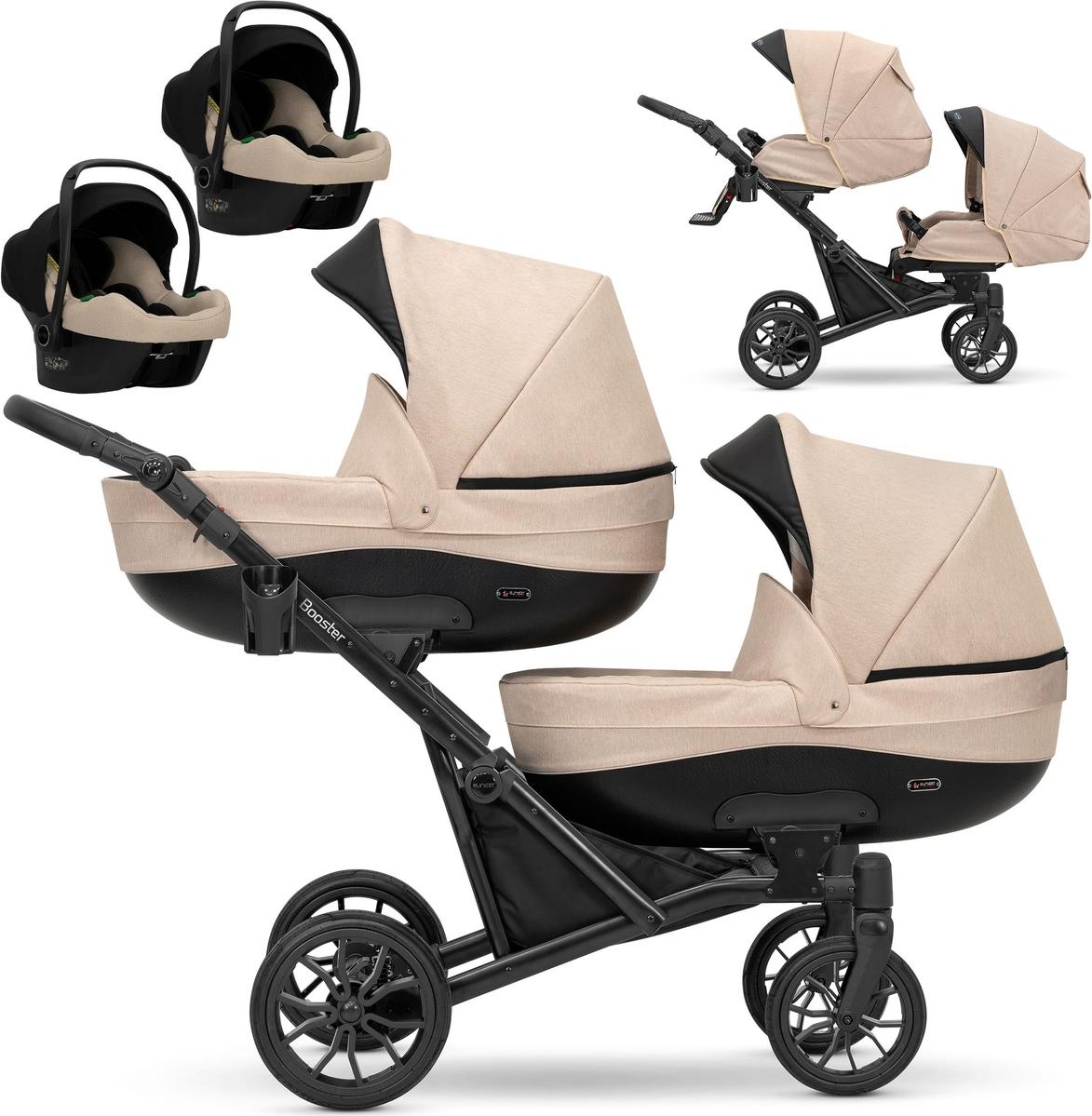 Kinderwagen BOOSTER 3 in 1 Komplettset Zwillingskinderwagen Geschwisterwagen Zwillingsbuggy Doppelkinderwagen (Creme)