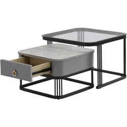 OKWISH Couchtisch Set 50x50+60x60 cm Glasplatte Marmoroptik Schwarz Grau Beistelltisch Wohnzimmertisch mit Schublade Modern Design