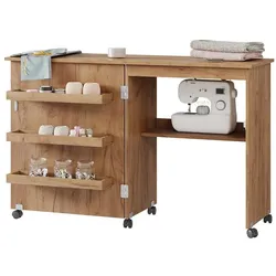 Vicco Nähtisch Carmen, Eiche, 118 x 77.5 cm mit 3 Regalfächer, Nähzubehör, Braun
