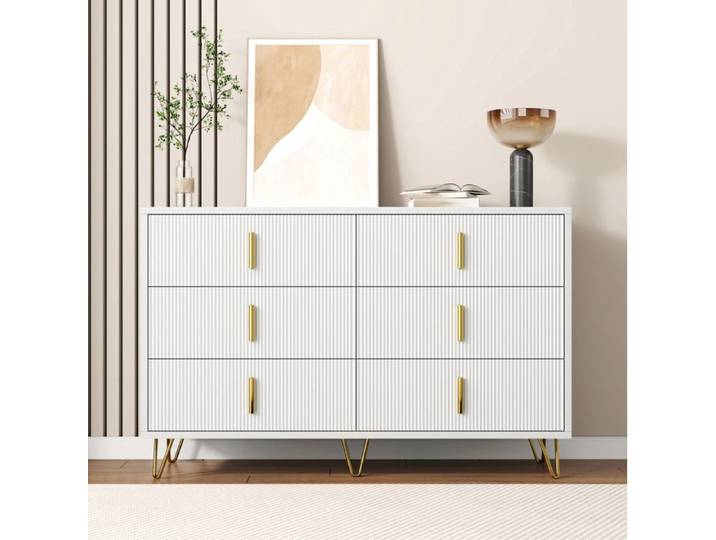 WOVREO Buffet bas 120 cm 6 tiroirs blanc et or façade ondulée poignées et pieds dorés
