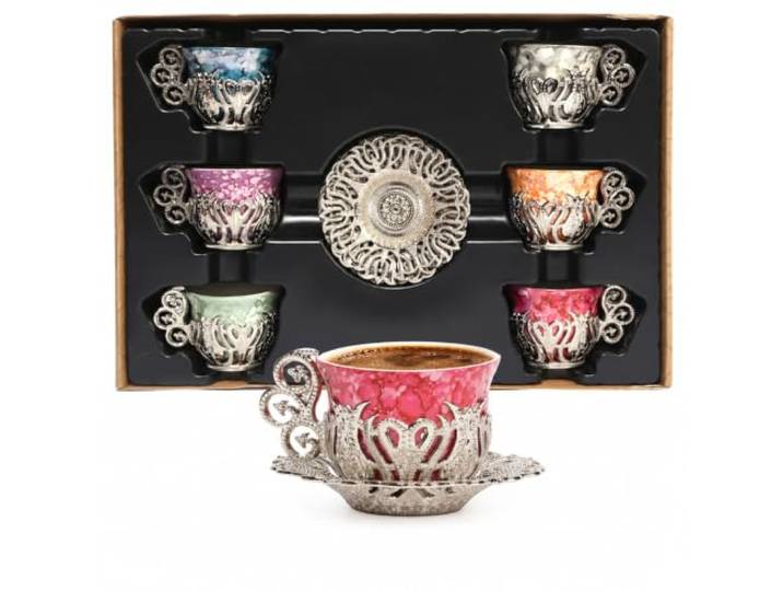 Alisveristime 12-teiliges türkisch-griechisch-arabisches Kaffee-Espressotassen-Untertassen-Set aus Porzellan (Silber)