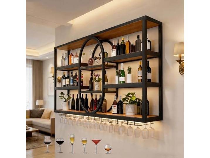 Pazcalie 160cm Modernes Wand-Weinregal Metall Oval 3-lagig Hängendes Weinflaschenregal mit Glashalter, Wandmontierter Wine Display-Ständer für Bar & Küche