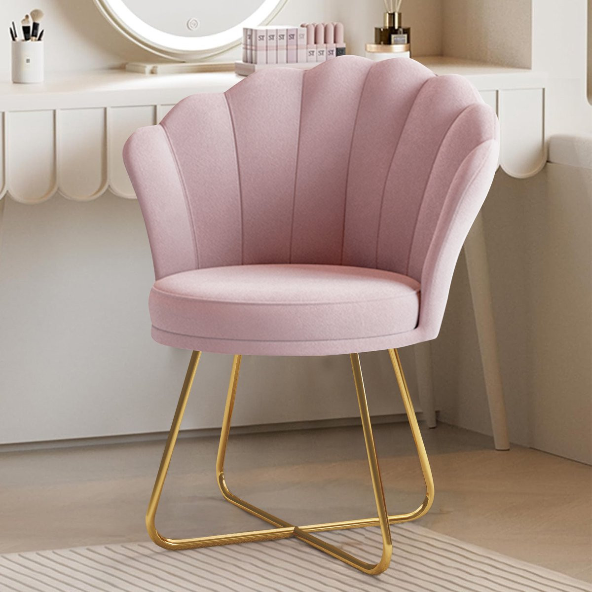 Hawthyhome Moderne Accentstoel, Fluwelen Schelpstoel met Gouden Poten, Roze