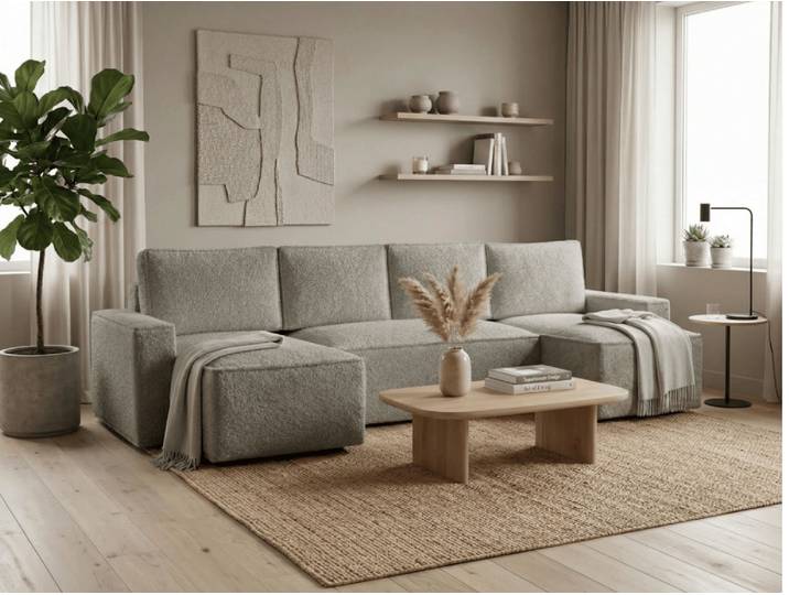 Ausziehbares U-Form Sofa SMART BOUCLE 303x143 cm, graubeige