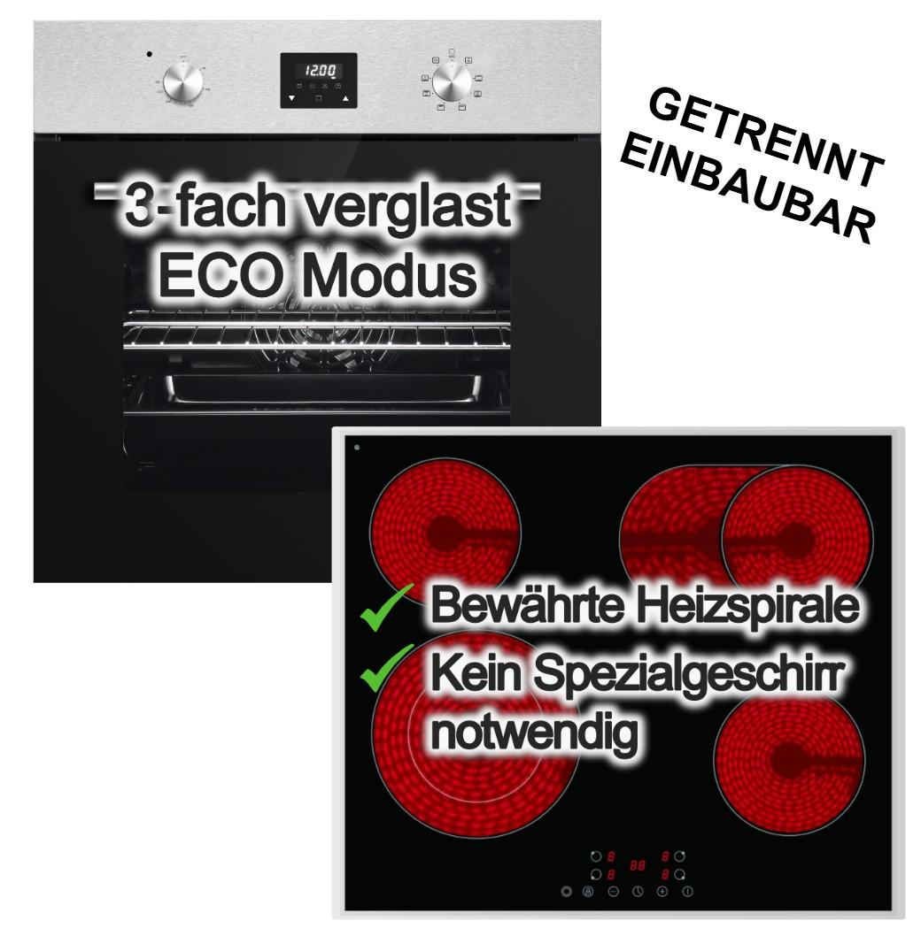 PKM Einbaubackofen Umluft 8 Funktionen + PKM Glaskeramik Kochfeld Zweikreiszone Bräterzone Touch Control