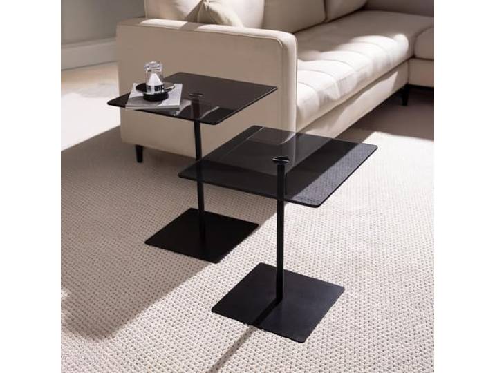 Hanah Home Modernes Couchtisch-Set (2-teilig), Schwarz & Rauchgrau, 40 x 45 & 40 x 50 cm 100% Sicherheitsglas & melaminbeschichtetes Gestell Stilvolles Industriedesign