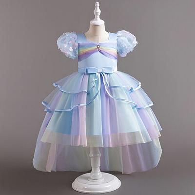Blumenmädchenkleid Mädchen Formelle Kleidung Hochzeitskleidung Party Hochzeit Formell Mode Niedlich Prinzessin Patchwork Netz Regenbogen Prinzessin Kurze Ärmel Quadratischer Kragen Blau Gelb Ab 4