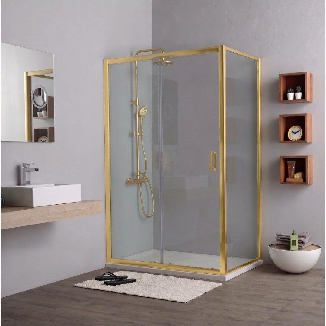Duschabtrennung Gold gebürstet 130 cm mit Fest- und Schiebetür, Seitenwand 70 cm, Sicherheitsglas, Aluminiumrahmen, reversible Montage, City