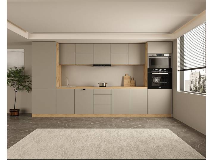 ROYAL24_MARKT Küchenzeile - KL12-M420 - Nexa Grau / Beige / Woodline Matt, (Komplett Set), Edles Material - Zeitlos - Elegant