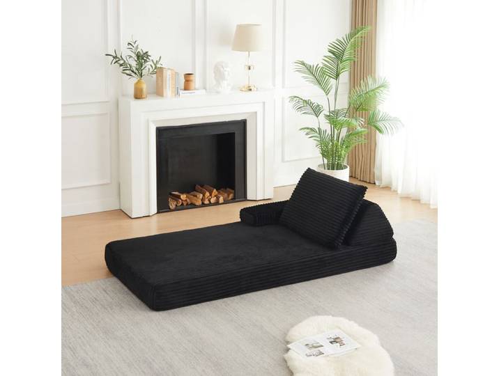 Canapé en velours côtelé modulable avec dossier triangulaire et accoudoirs amovibles 211.5 × 106.5 × 48 cm noir