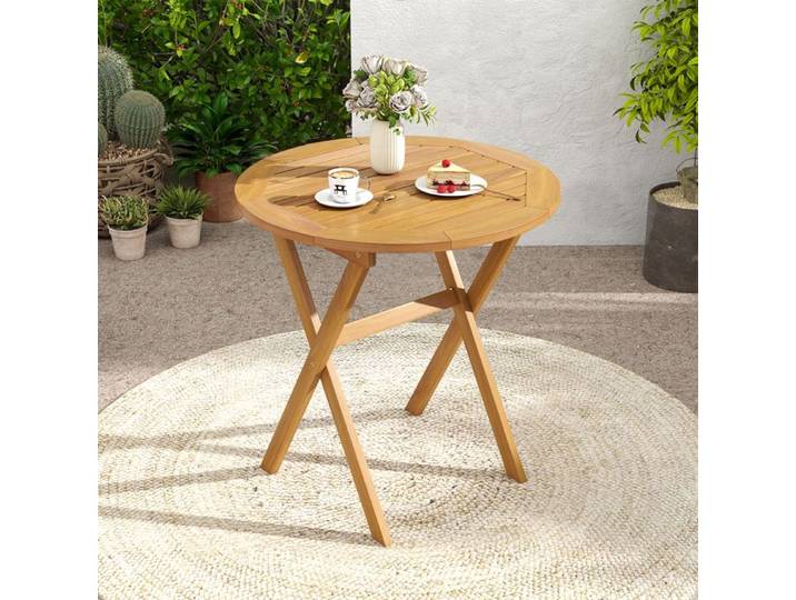 Table Basse de Jardin Ronde COSTWAY Table Pliante en Bois d'Acacia 70 cm Plateau Spacieux à Lattes pour Balcon Terrasse Camping