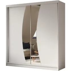 KLEIDERSCHRANK mit Spiegel-Schiebetüren und Aluminium-Leisten, LED-Beleuchtung - VOXI - 200 cm Weiß