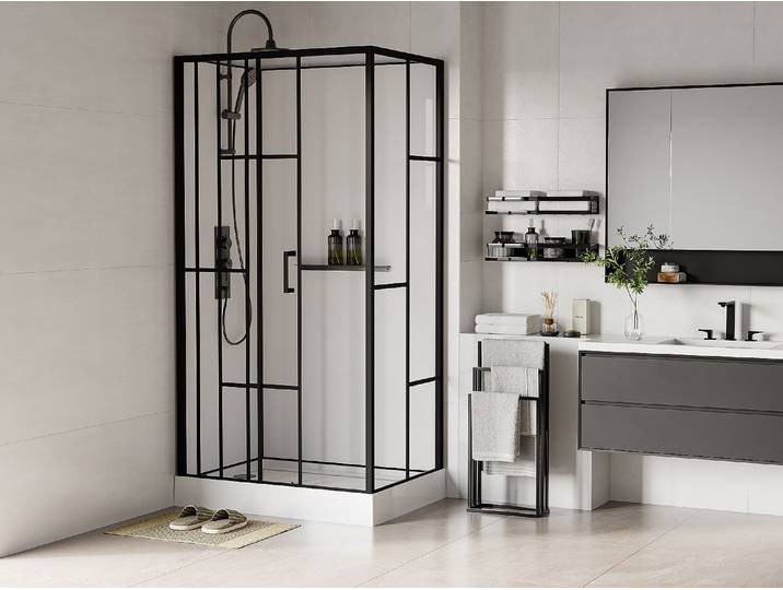 Cabine de douche rectangulaire sérigraphiée - Installation réversible - Blanc et Noir mat - L110 x l80 x H225 cm - GAVILA