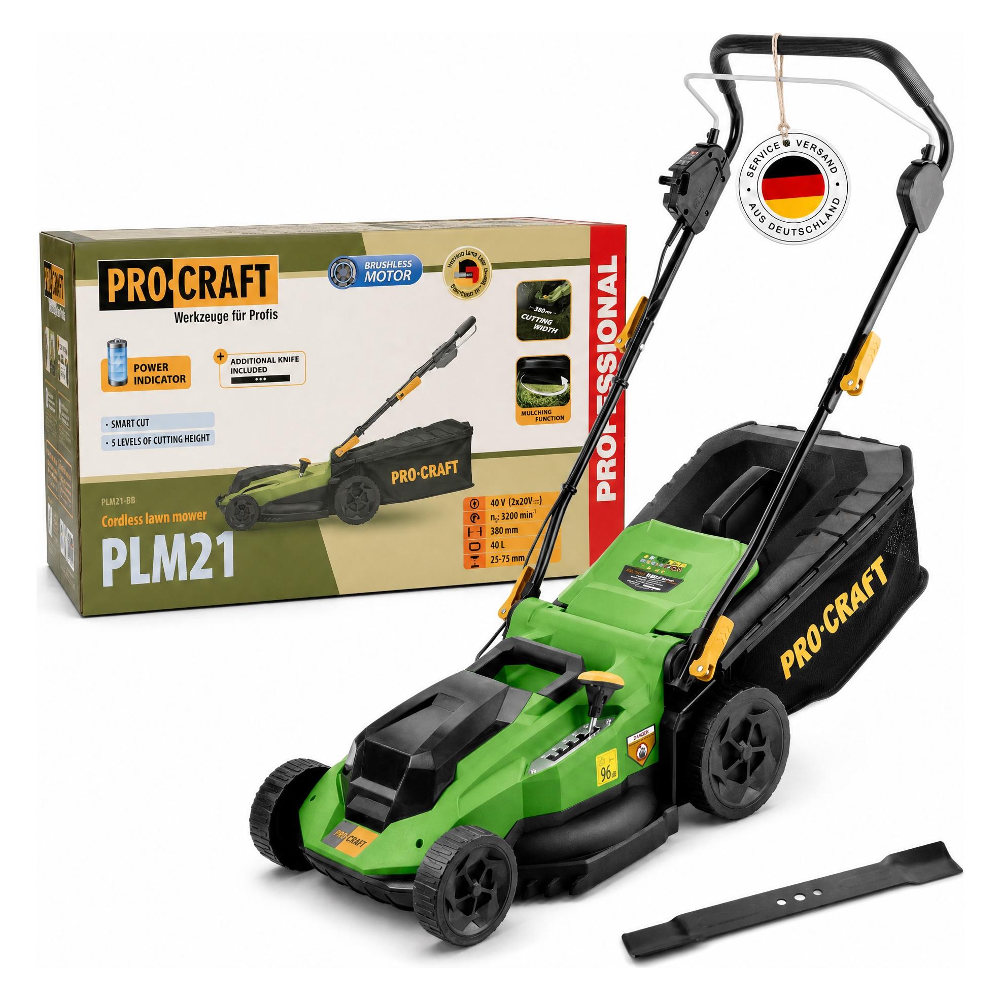 Procraft PLM21bb Akku Rasenmäher 40 V ( 2x 20 V ) 380 mm Brushless Solo - ohne Akku, ohne Ladegerät (Akkubetrieb) (PLM21bb)