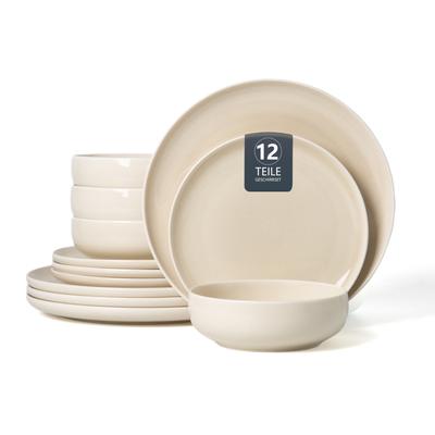 Geschirr-Set OTTO HOME "Flett, mit Reaktivglasur", beige, 12, Porzellan, Geschirr-Sets, Geschirr-Set, Teller Set, spülmaschinenfest und mikrowellengeeignet