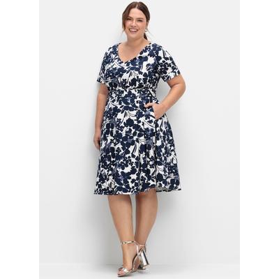 Cocktailkleid SHEEGO "Abendkleid", Damen, Gr. 48, Normalgrößen, Kurzarm, blau (marine, gemustert), 97% Baumwolle, 3% Elasthan, geblümt, gemustert, mehrfarbig, knielang, V-Ausschnitt, Kleider
