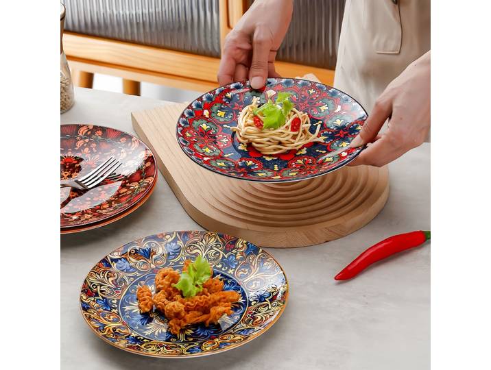 Ensemble d'assiettes en céramique de style bohème, grand format, assiette à steak, assiette de style occidental, assiette créative pour le petit-déjeuner, assiette de service, assiette plate pour