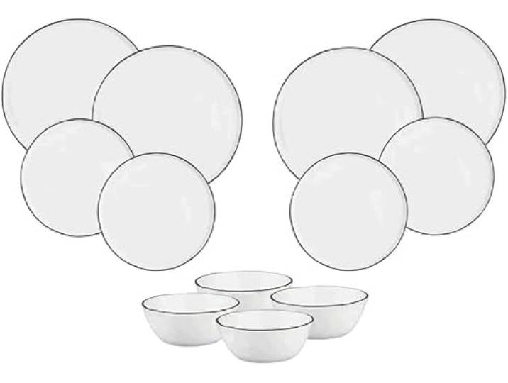 Geschirrset Essentials PURE SR-LEPURB26 BJORN Steingut, Schneeweiß mit schwarzem Rand, 12-teilig, Spülmaschinen- und Mikrowellenfest, für 4 Personen