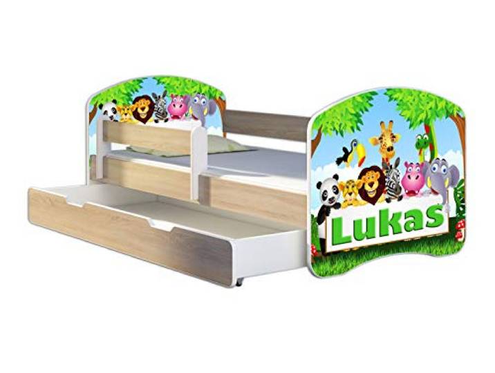 ACMA Kinderbett 140x70 Jugendbett mit Einer Schublade und Matratze, Farbe Sonoma mit Rausfallschutz Lattenrost II Spielbett Kinderzimmer Möbel, 01 Zoo Name