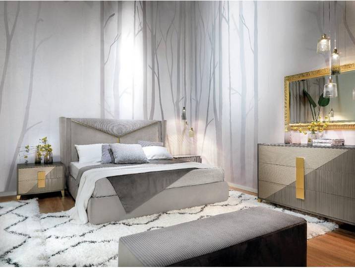 JVmoebel Polsterbett Gepolstertes Doppelbett in Grau mit hochwertigem Holzgestell, Made in Europa