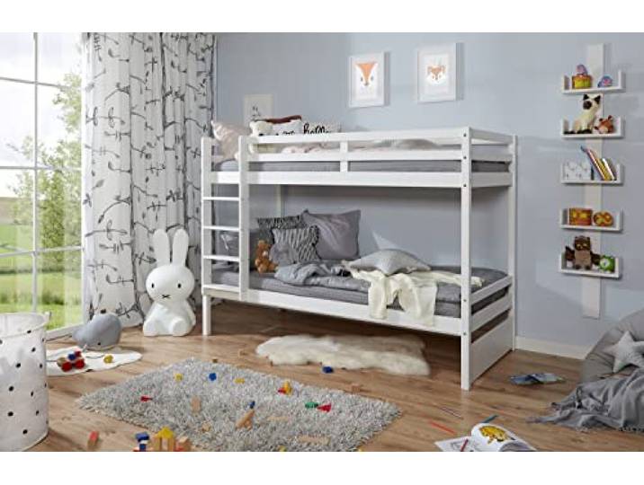 TiCAA Etagenbett, Kinderbett, Stockbett Funktionsbett für Kinder mit Treppe & Zwei Liegeflächen aus Kiefer Massivholz Weiß Bettgestell 90 x 200
