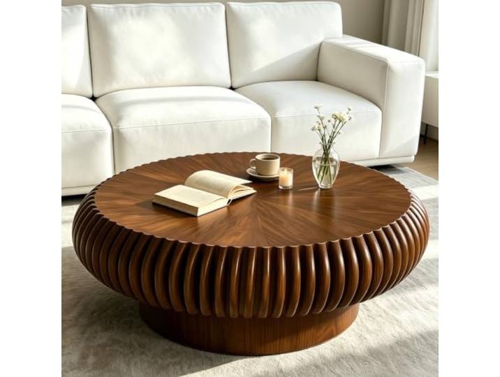 WUPDPQS 39 Runder Trommel Holz Geriffelter Couchtisch für Wohnzimmer, Holzfurnier Tischplatte & Basis, Handgefertigt Massivholzrillen, Modern Runde Kaffeetisch Für kleine Räume