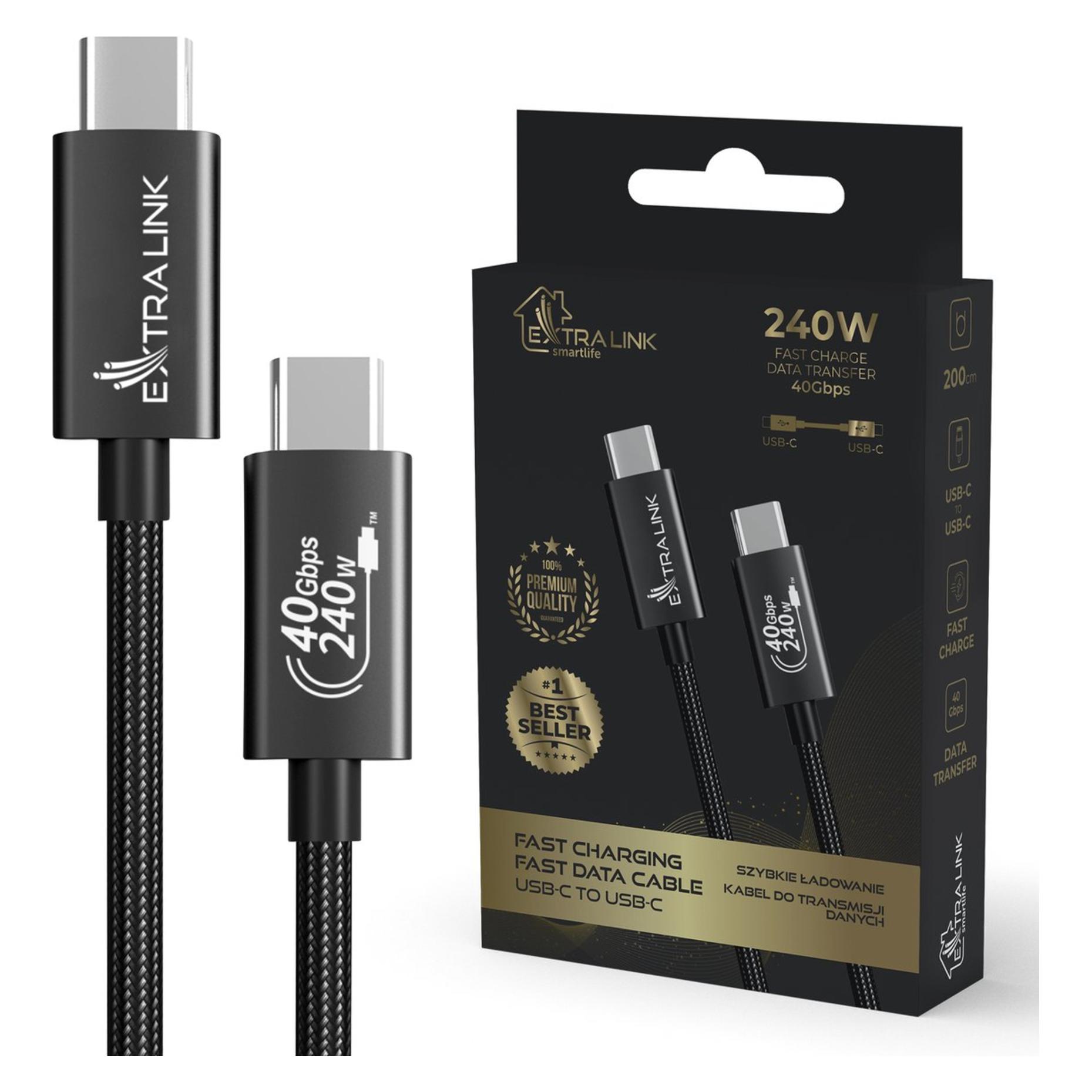 Extralink Smart Life USB Typ-C auf Typ-C Kabel schwarz geflochten | USB-C-Kabel | 240W 40Gbps 200c (2 m, USB 2.0, 240 W) (CABESL05)