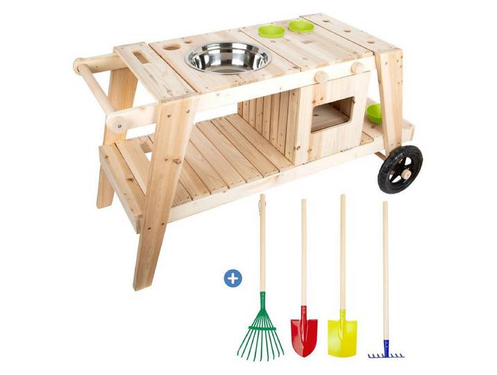 Small Foot Outdoor-Spielküche Garten-Spielset, Kinder Garten Matschküche Spielküche mit Rädern & Gartenwerkzeug