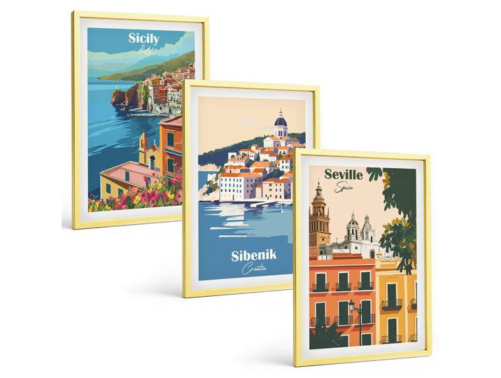 Tulup Bilder SET 3er Set - 40x60 cm Goldrahmen - Stadtlandschaften mit Gebäuden, Goldfarben, Kunststoff, Rechteckig, 40x60 cm, einfache und schnelle Anbringung, Bilder & Rahmen, Bilder
