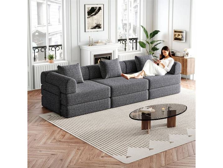 Canapé-lit 3 places 2 en 1 en chenille Gris avec accoudoirs et dossiers Canapé modulable plusieurs possibilités de combinaison