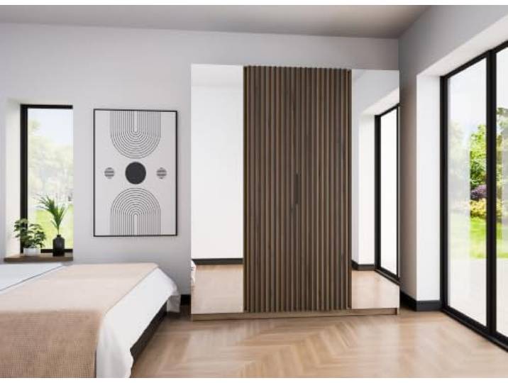 AX Living Nehir Schrank 200 cm Eiche Evoke, Spiegel außen + Lamellen 2 Spiegel außen; 2 Lamellen mittig – mehr Ordnung im Alltag.