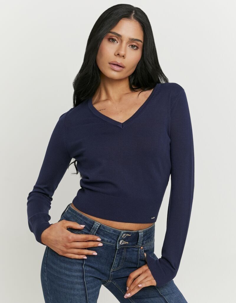 Strickpullover TALLY WEIJL "SPUVISMARTI", Damen, Gr. L, nuit, Strick, Obermaterial: 68% Viskose, 32% Nylon, unifarben, figurbetont normal, V-Ausschnitt, Pullover Strickpullover, Viskosemischung, Basic, kürzer geschnitten nuit L