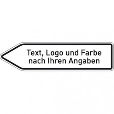 Dreifke® Schild, Pfeilwegweiser weiß m. Text, Logo u. Farbe,linksw.,Alu 1,8 mm,lack.,1400x350 mm