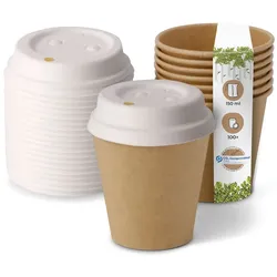 BIOZOYG 100 Stück Kaffeebecher mit passenden Pappdeckeln 150ml / 6oz Einwegbecher Pappbecher Kaffeetassen ungebleicht kompostierbar nachhaltig