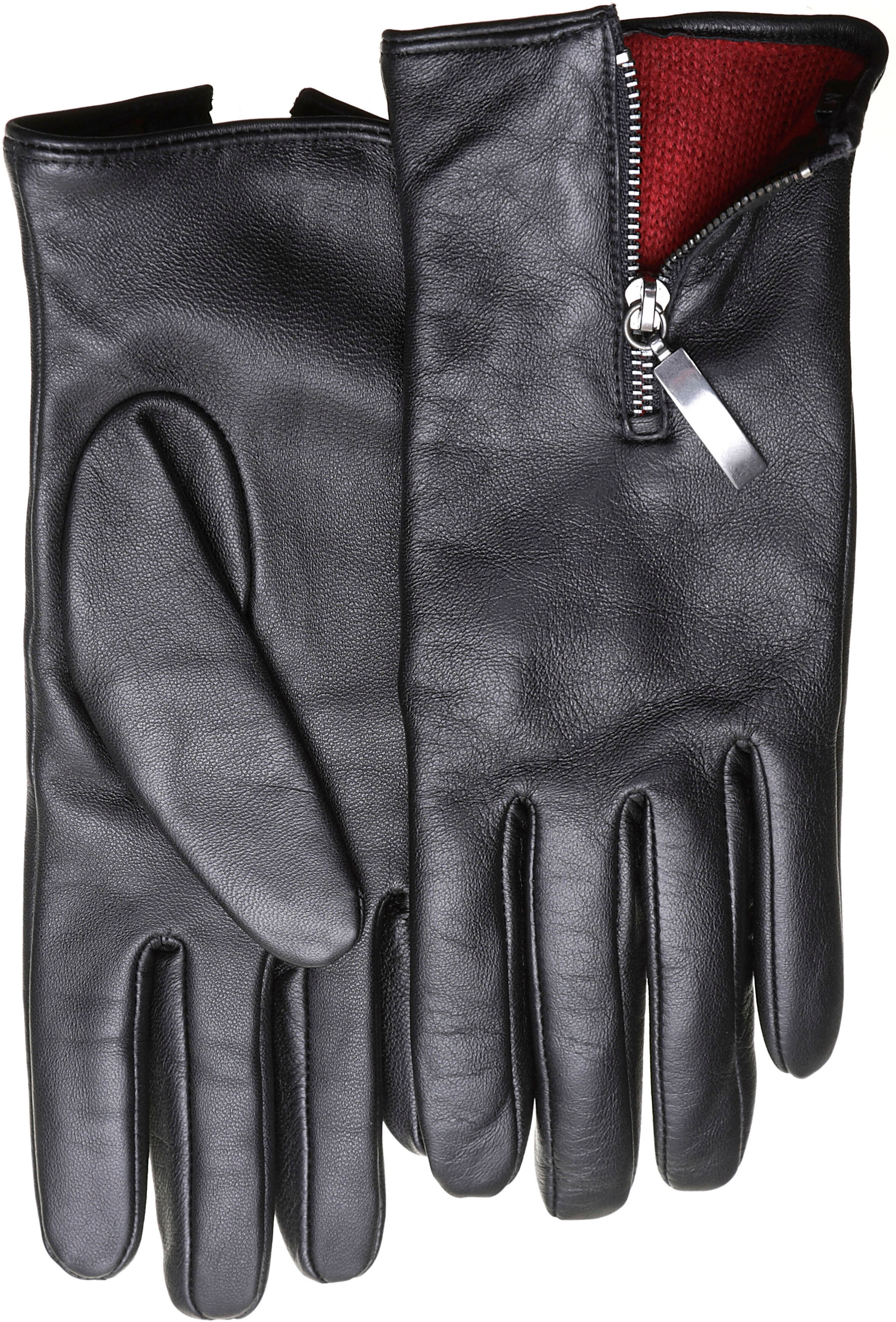 Lederhandschuhe PEARLWOOD, Damen, Gr. 6,5, schwarz, Schafsleder, unifarben, Handschuhe Lederhandschuhe, mit farbigem Innenfutter, Glattleder, Zipper auf dem Handrücken