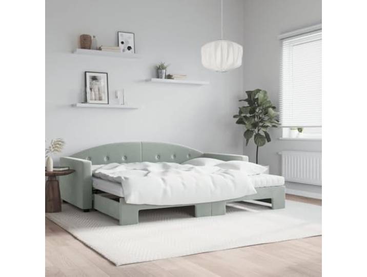 KQWQERT Tagesbett Ausziehbar, 2-in-1 Schlafsofa mit Matratzen, Hellgrau Samtbezug, Ausziehbare Gästebett-Funktion, Holz-Metall-Rahmen, Vielseitig