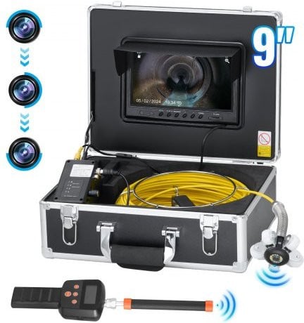 VEVOR Rioolcamera met 512Hz-locator, 50 m, 9-inch buisinspectiecamera met zelfnivellering, 36x zoom, endoscoop met 12 LED's, 32 GB-kaart, IP68 waterdichte buiscamera in zwart en zilver