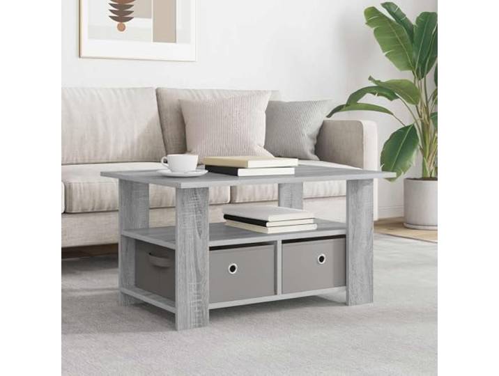 Couchtisch Graues Sonoma 77x55x42 cm Holzwerkstoff mit Schubladen und Regal Rechteckige Form, Schubladen mit versenkten Griffen, Brett-Regale, pflegeleichte Oberfläche, vielseitig einsetzbar