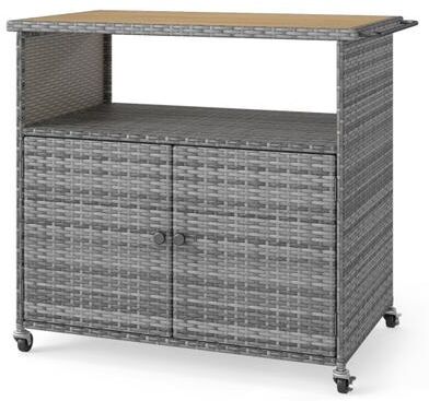 Costway Outdoor Storage Cabinet with Acacia Wood Top and Lockable Wheels-Gray