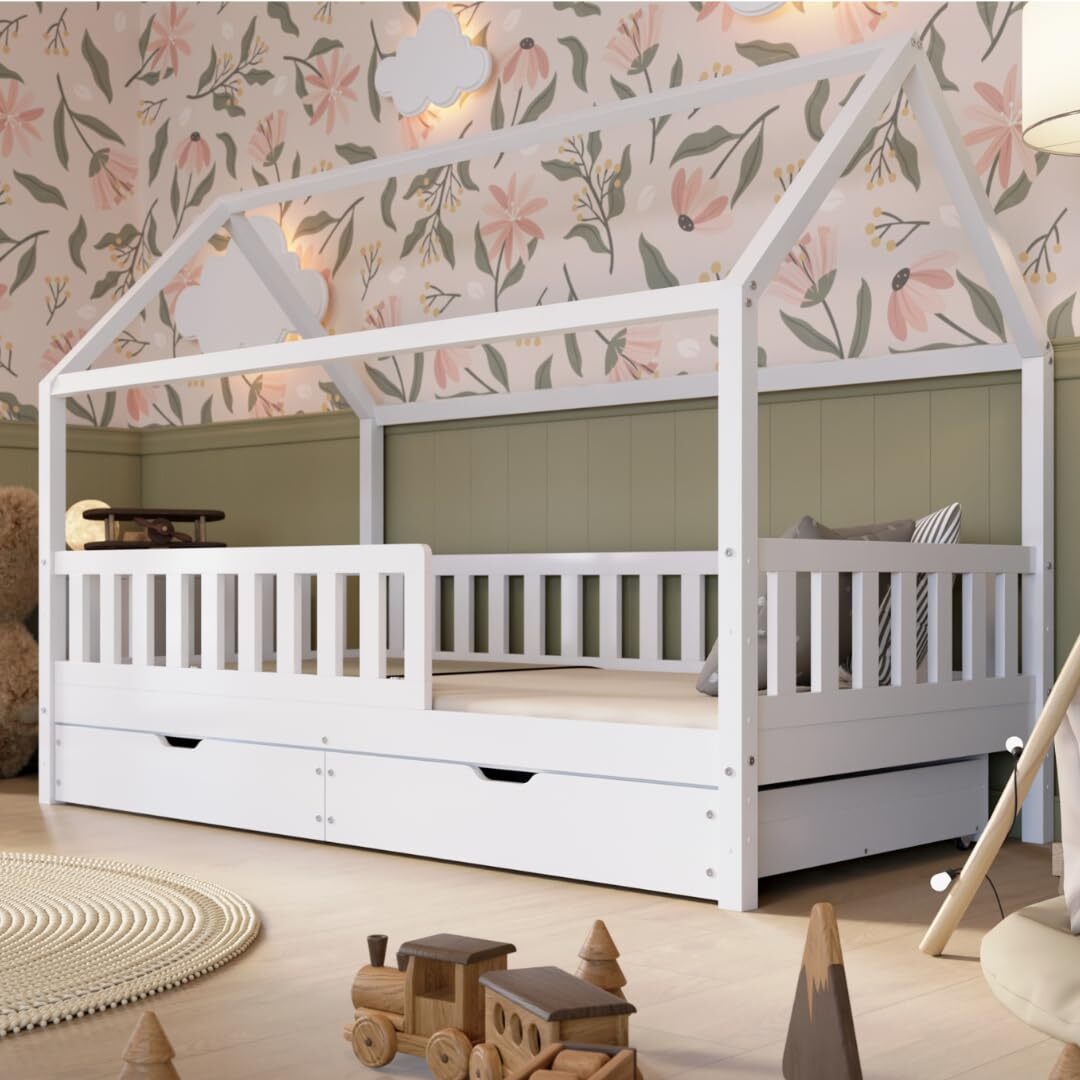Crazy Pine Hausbett mit Schubladen 140x200 cm - Kinderbett aus Naturholz in Weiß - Montessori Bodenbett mit zusätzlichen Stauraum - Crazy Blanco