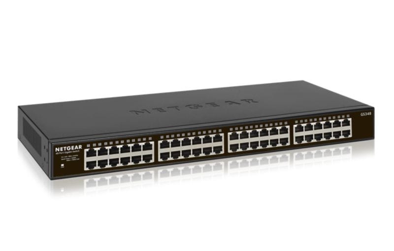 Netgear GS348 Switch 48 Port Switch Gigabit Ethernet (LAN Switch für Desktop- oder Rack-Montage, Plug-and-Play, energieeffizient, lüfterloses Gehäuse für leisen Betrieb), schwarz GS348-100EUS