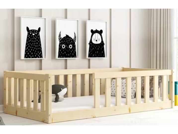 Interbeds Kinderbett Bella 80x160 mit Rausfallschutz & Lattenrost Bodenbett aus Holz Einzelbett Montessori Bed Gitterbett Kleinkindbett bis 120 kg Kiefer Holz massiv Junge Mädchen (Naturton, 160x80)