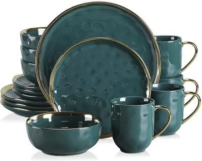LOVECASA Matte 16-piece Stoneware Dinnerware Set with Gold Trim