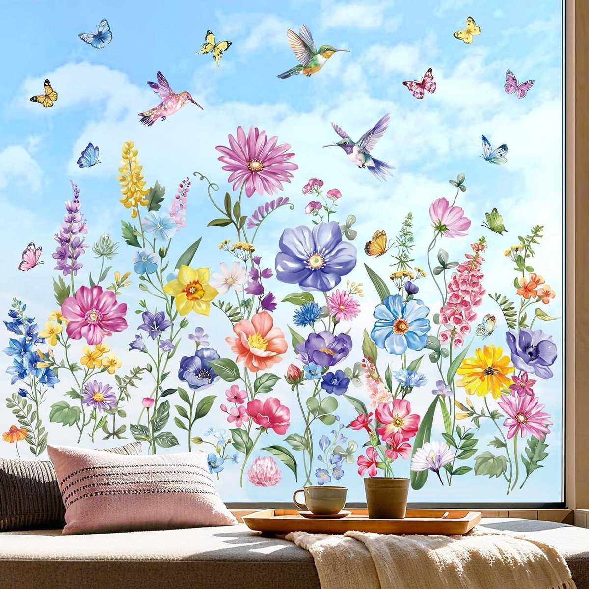 9 vellen Raamstickers met Bloem en Vlinder - Dubbelzijdig bedrukte Glasdecoratie - Multicolor - 20 x 30 cm per vel