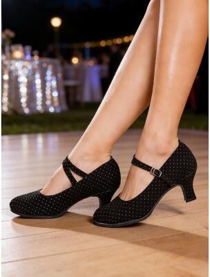 LightInthebox Women's Black Polka Dot Mary Jane Dance Heels with Strap, Classic Professional Ballroom Social Dance Shoes