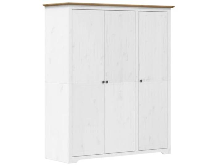 HWKQEQRF Kleiderschrank BODO Weiß und Braun 146x53,5x173 cm Kiefernholz Massives Kiefernholz, französischer Stil, Metallgriffe, Kleiderstange, obere Ablage, Wandhalterung inklusive