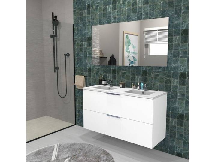 Meuble sous-vasque 2 tiroirs MALAGA 120 cm + vasque + miroir / Blanc