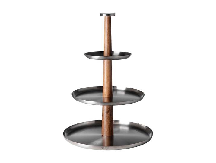 Etagere FINK ROMA , silberfarben, braun, H:42,5cm Ø:30,5cm, Edelstahl, Massivholz, Servierplatten, Etagere