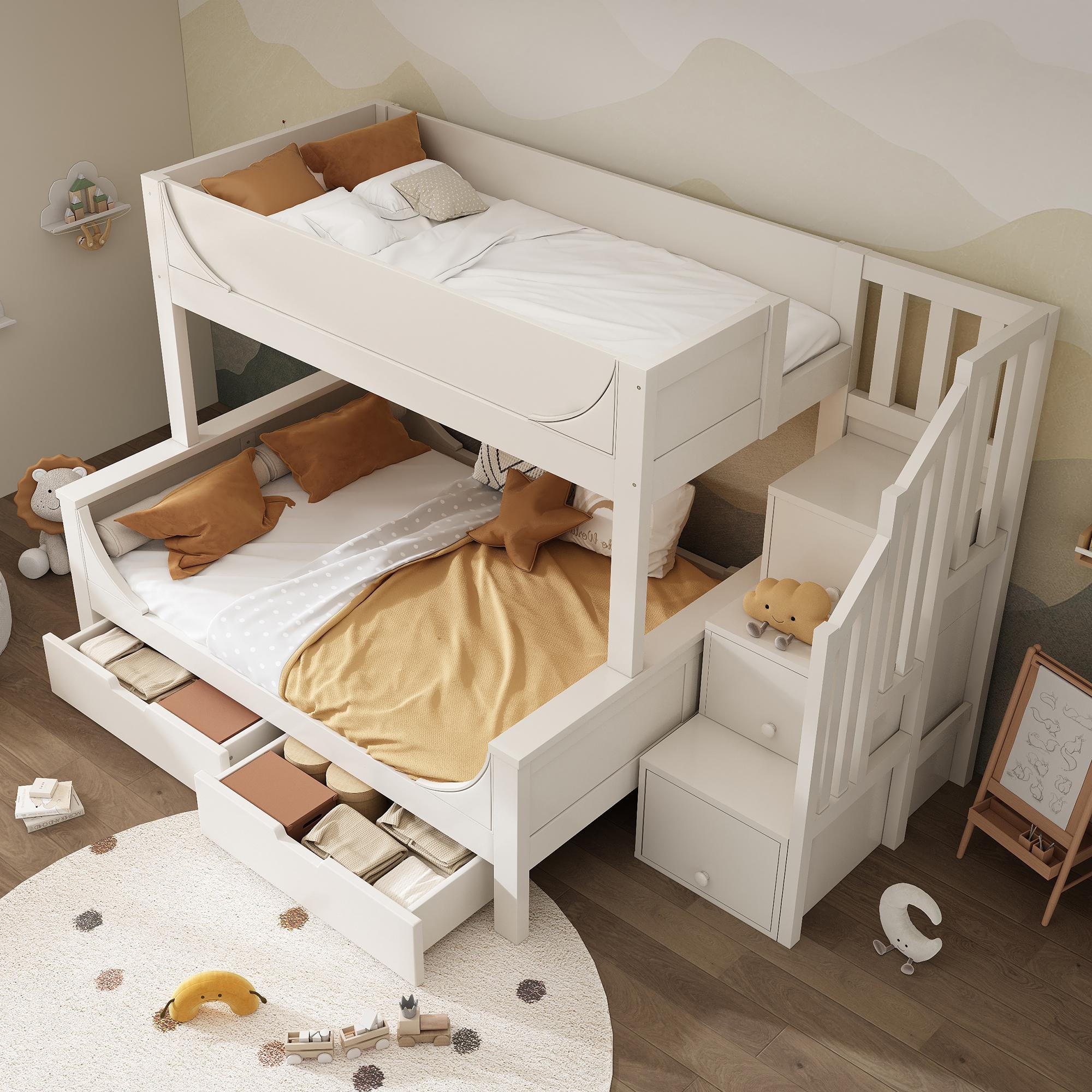 STILVORA Etagenbett 140×200cm mit Leiterschrank,Kindebett Bettgestell mit Rausfallschutz ,Jugendbettmit Lattenrost&Schubladen,ohne Matraze,Weiß